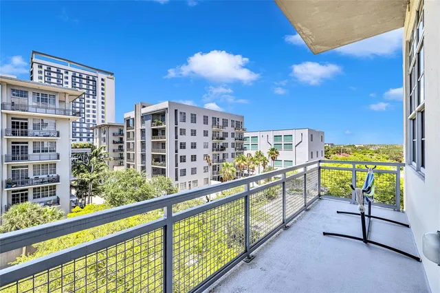 a view of a building from a balcony