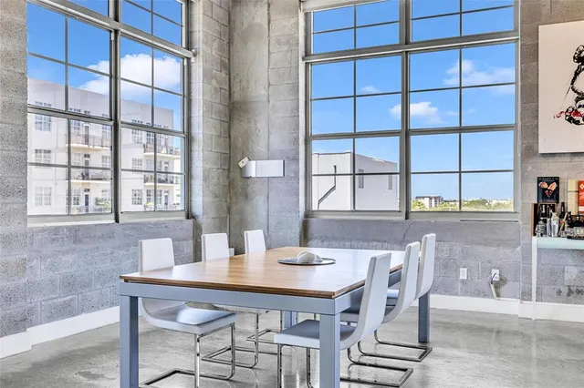 a view of a dining room with furniture and window