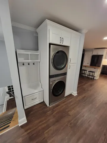 a room with table and mirror