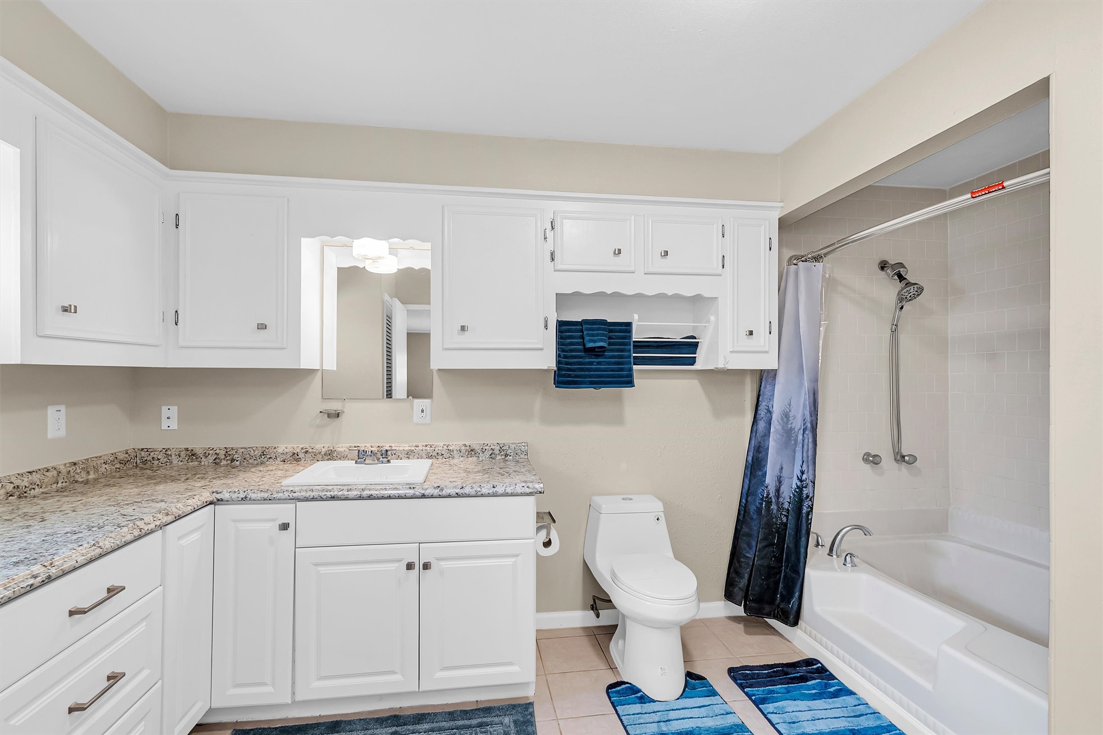 95 Main Street Huntsville, TX 77340 - Photo 17 of 30 a bathroom with a granite countertop sink toilet and shower