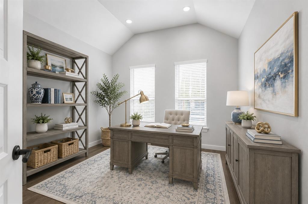 3311 Willena Road Melissa, TX 75454 - Photo 15 of 40 Dedicated office space featuring vaulted ceilings, recessed lighting, wood-finish flooring, and two windows with blinds