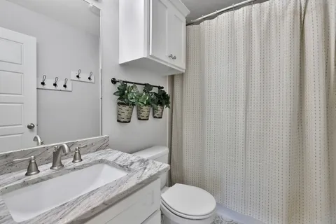 a bathroom with a granite countertop sink toilet and a mirror
