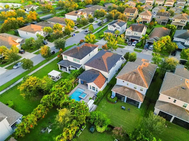 an aerial view of residential house with outdoor space and swimming pool