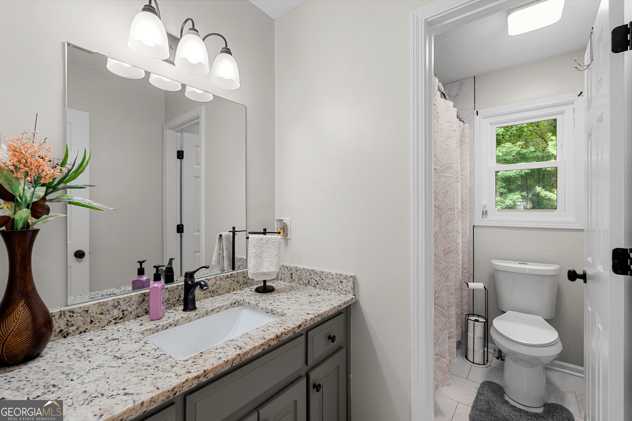 375 Gaelic Way Tyrone, GA 30290 - Photo 27 of 54 a bathroom with a granite countertop sink a toilet and a mirror