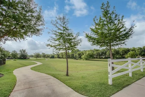 a view of a garden with a tree in front of it