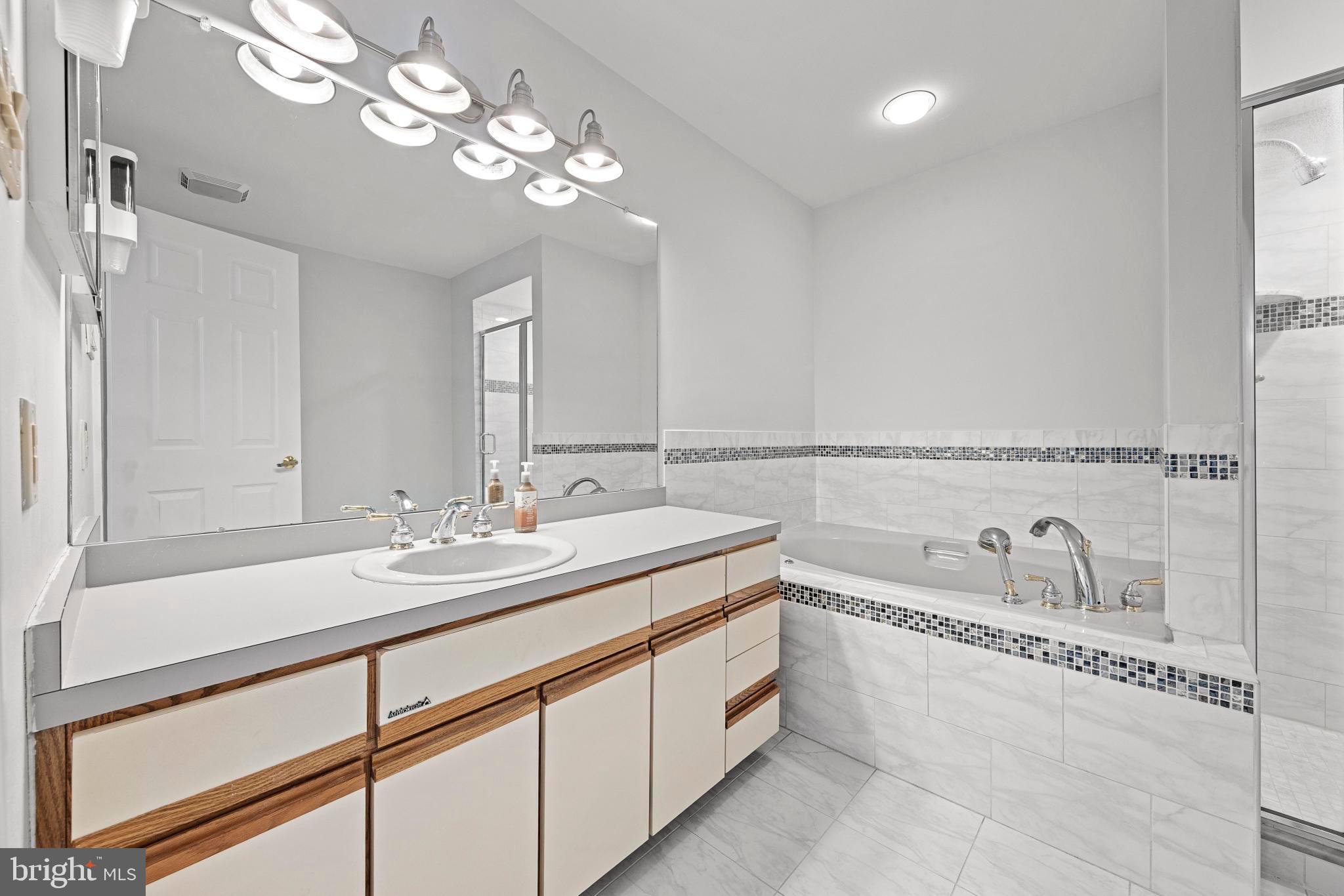 1 Hilltop Lane Medford, NJ 08055 - Photo 32 of 50 a spacious bathroom with a double vanity sink a tub and a mirror