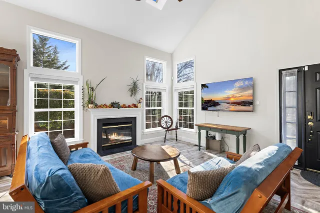 a living room with furniture a flat screen tv and a fireplace