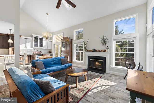 a living room with furniture a fireplace and a chandelier