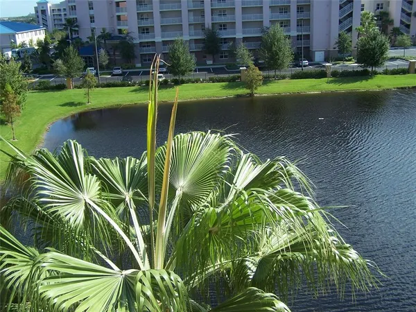 a view of a lake with a building in the background