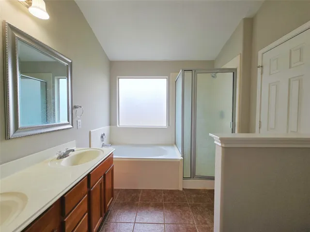 a bathroom with a bathtub sink and mirror