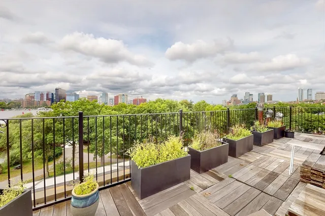 a view of a balcony with chairs and a potted plant
