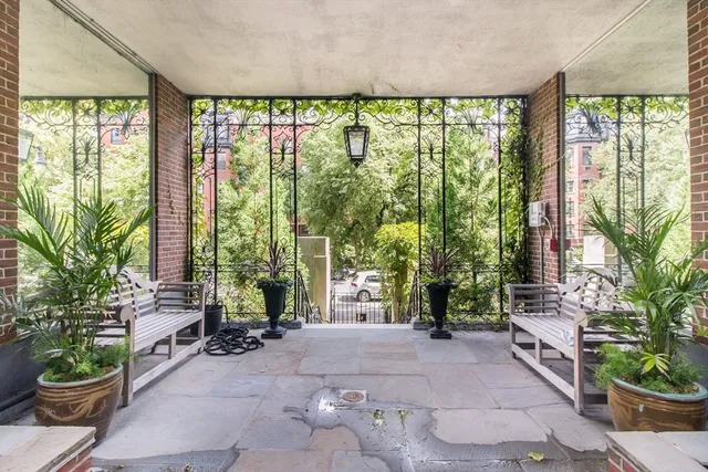 a living room with furniture and a potted plant