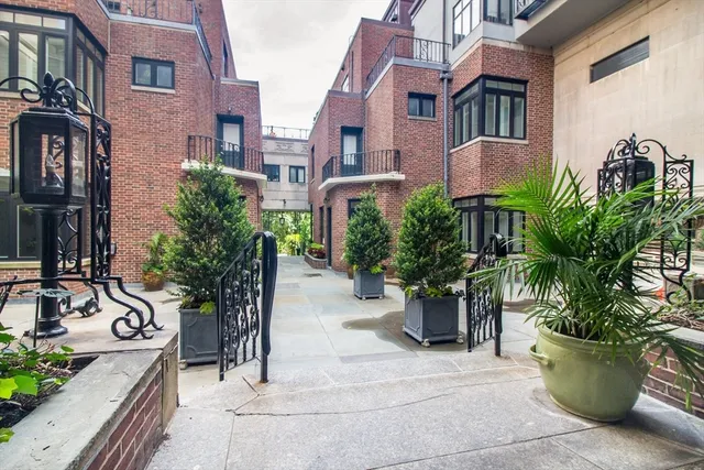 a view of a patio with plants and chairs