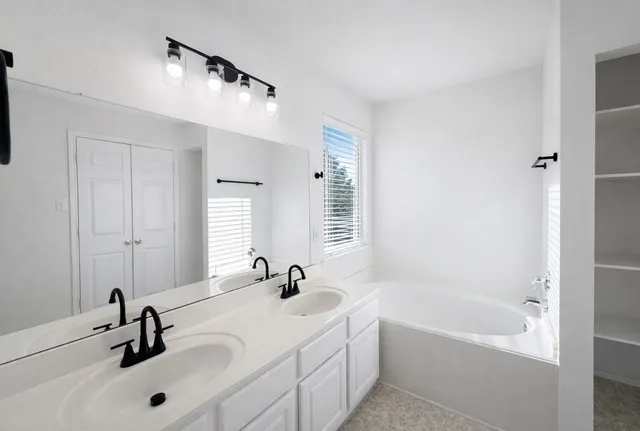 a bathroom with a tub sink a mirror and vanity