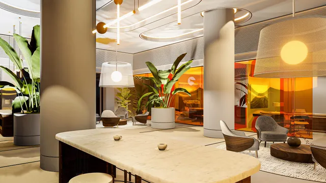 a dining room with furniture and wooden floor