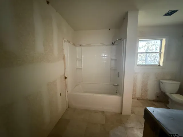 a bathroom with a shower and a toilet