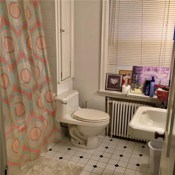 303 South Second Street Apollo, PA 15613 - Photo 18 of 25 a bathroom with a toilet a sink and a shower curtain