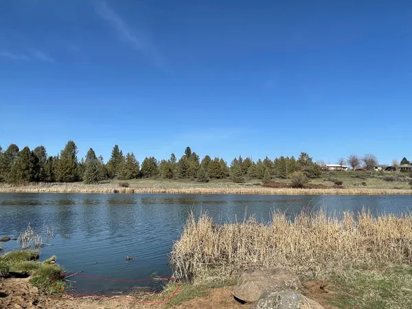 a view of a lake with houses in the back