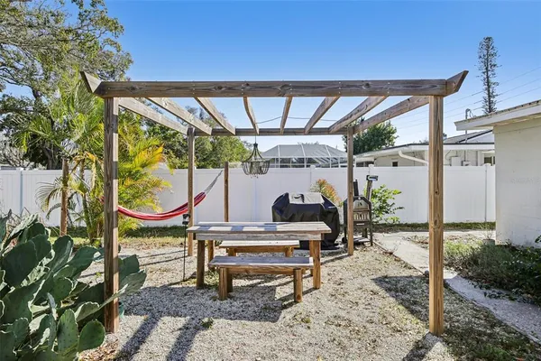 a garden view with a sitting space