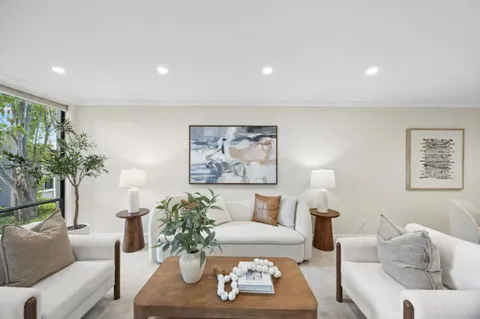 a living room with furniture and a potted plant