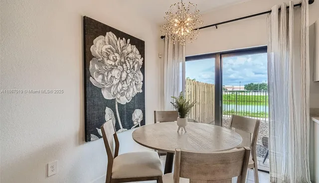 a view of a dining room with furniture window and outside view