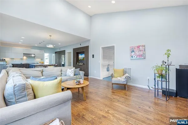 a room that has a rug and a plant in it