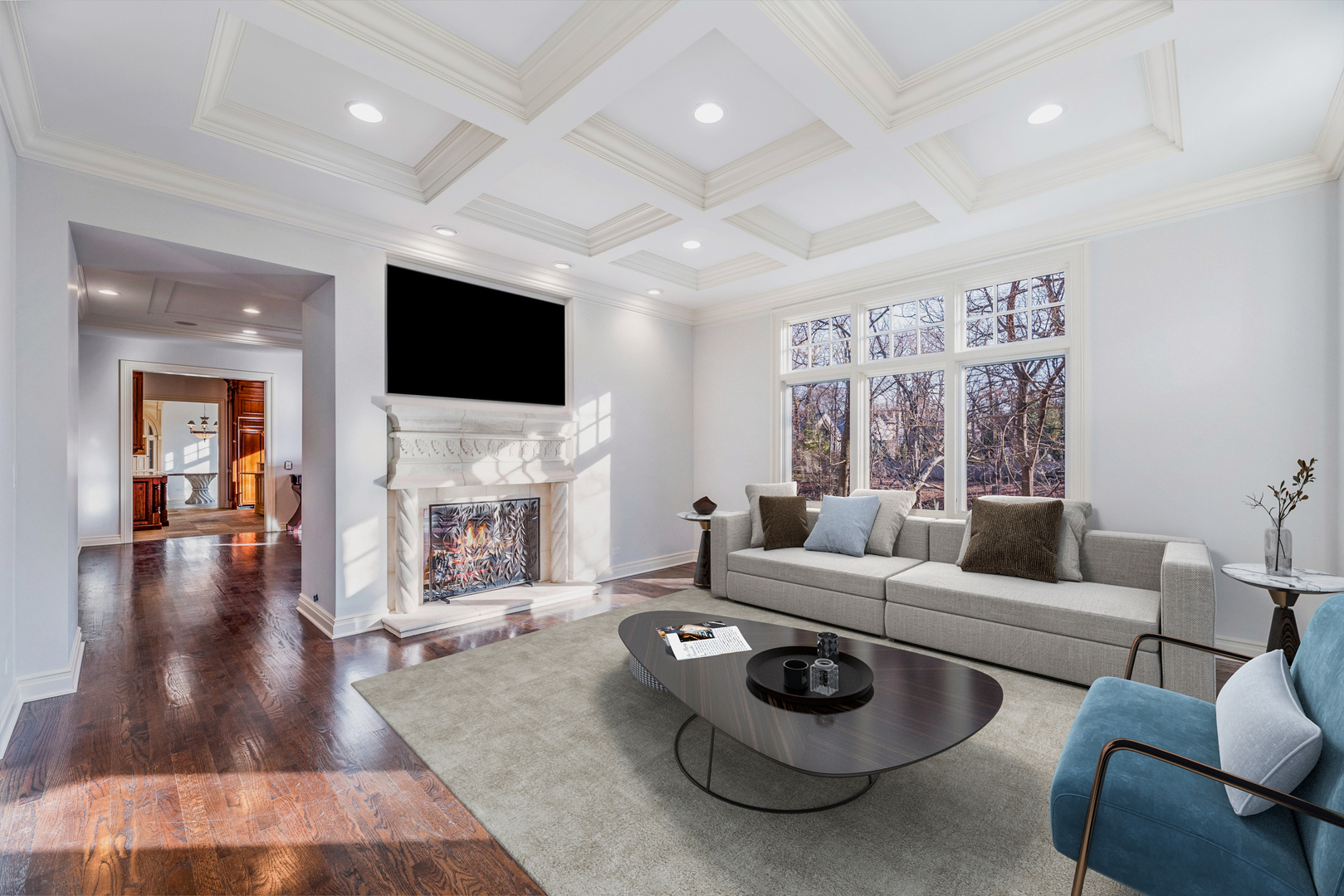 130 Maple Hill Road Glencoe, IL 60022 - Photo 12 of 54 a living room with fireplace furniture and a flat screen tv