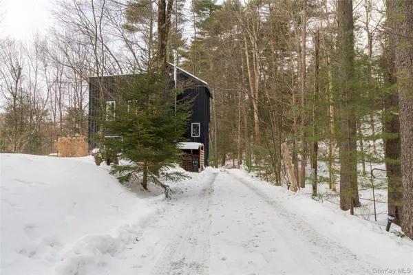 a view of a house with snow on the road