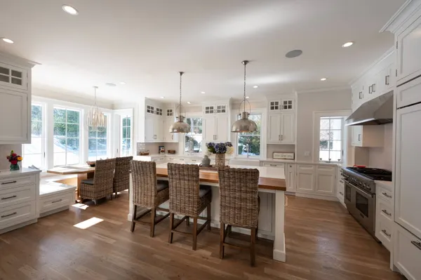 a view of a dining room with furniture