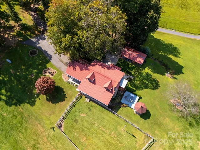 a view of a garden with a barbeque and large trees