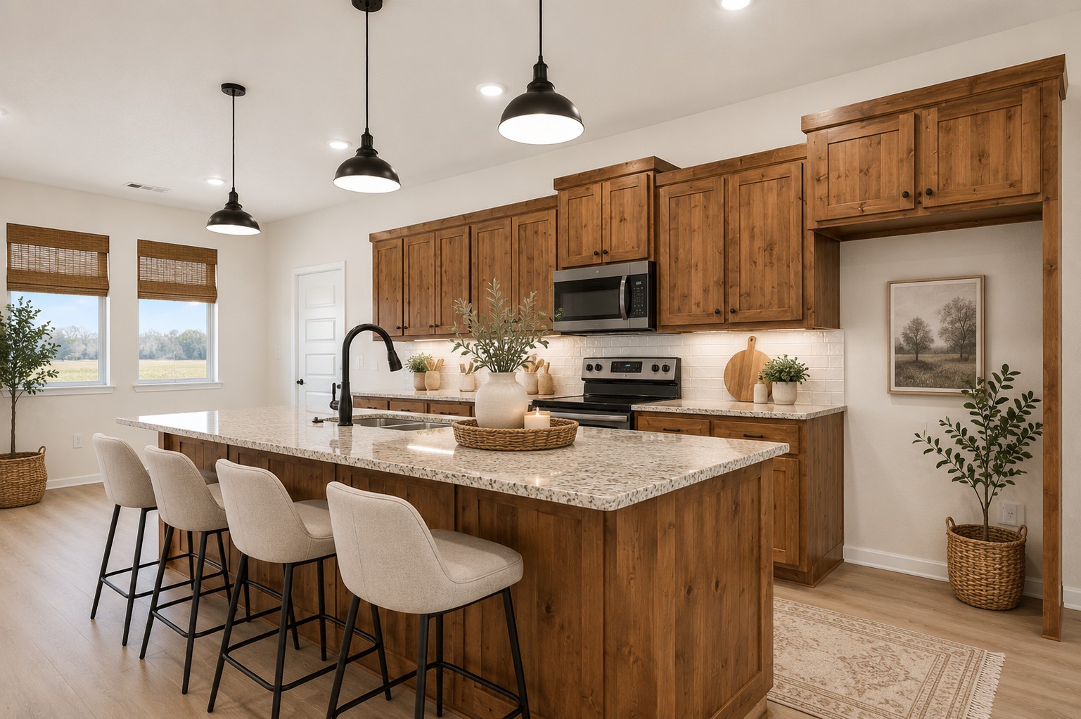 124 Countryside Way Pocola, OK 74902 - Photo 4 of 39 Kitchen with wood-finish cabinetry, a central island with countertop seating, stainless steel appliances, and pendant lighting. AI generated furnishings.
