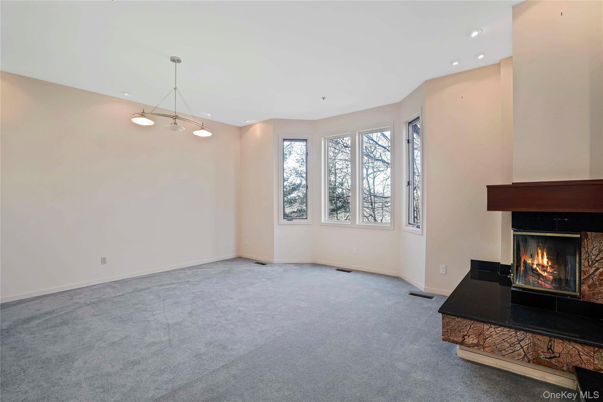208 Boulder Ridge Road Scarsdale, NY 10583 - Photo 13 of 43 Unfurnished living room featuring a glass covered fireplace, carpet floors, and recessed lighting