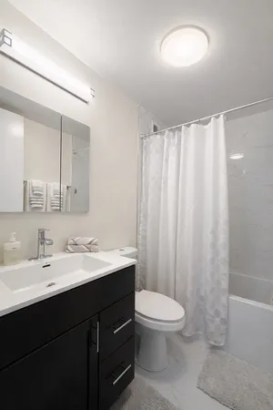 a bathroom with a double vanity sink toilet and a mirror