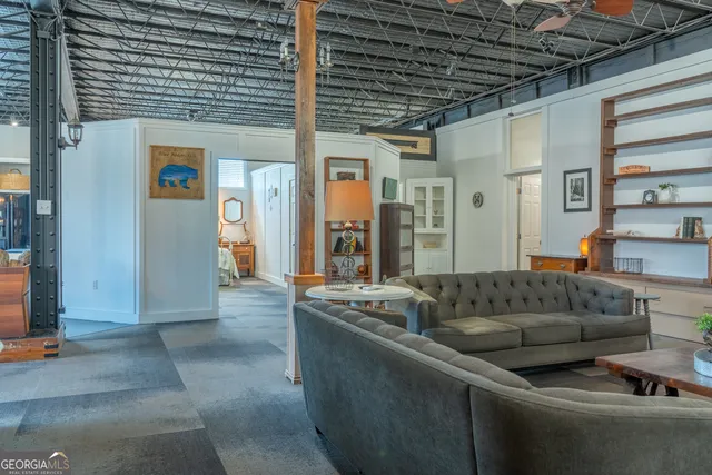 an aerial view of a fireplace with lots of car