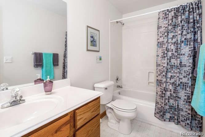 636 Bluebird Drive Bailey, CO 80421 - Photo 16 of 29 a bathroom with a sink a toilet and shower curtain