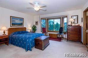 636 Bluebird Drive Bailey, CO 80421 - Photo 10 of 29 a bedroom with a bed and a chandelier