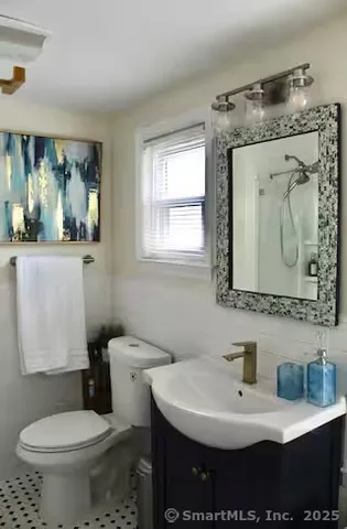 a bathroom with a sink toilet mirror and vanity