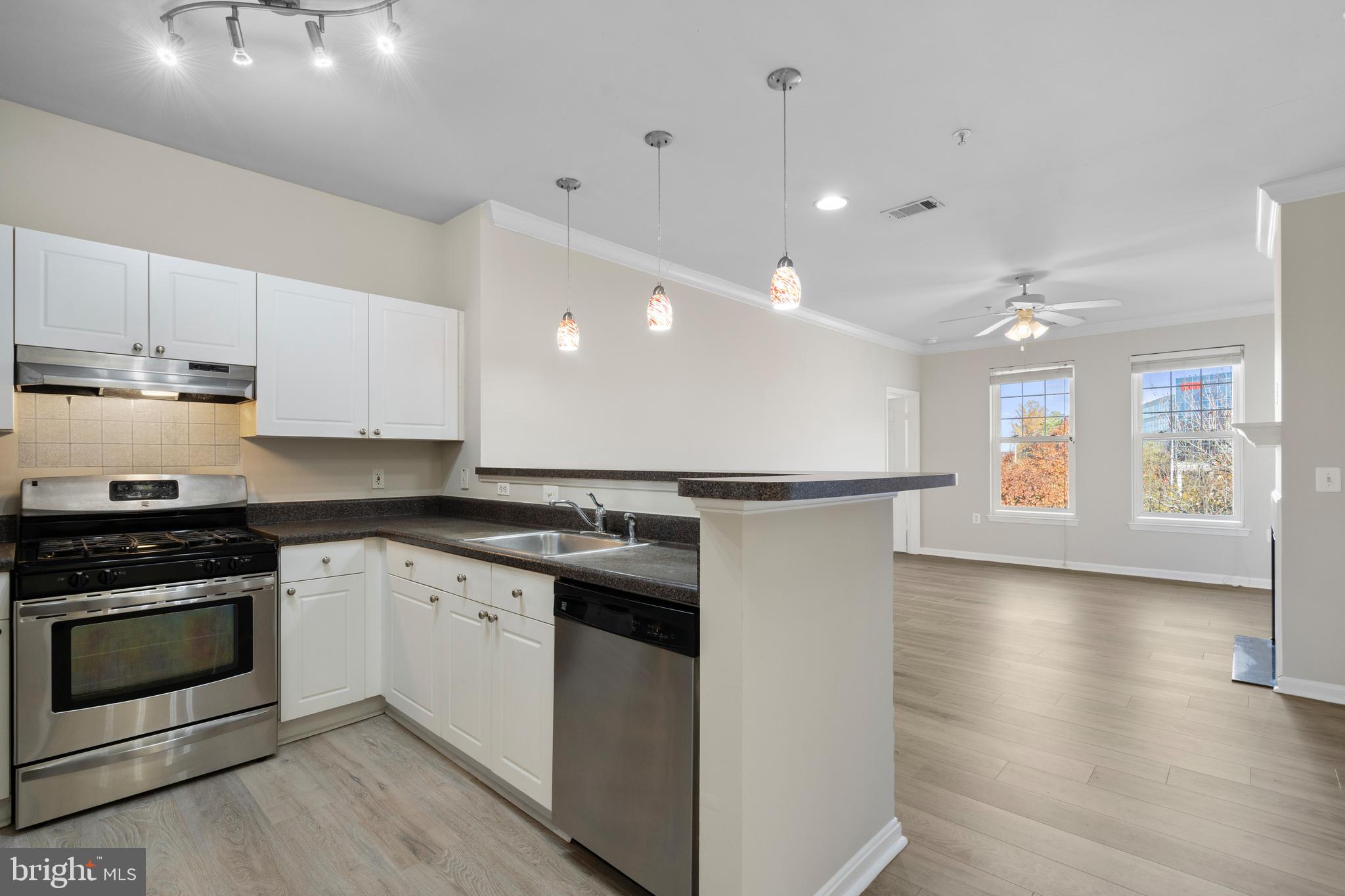 3851 Aristotle Court, Unit 1402 Fairfax, VA 22030 - Photo 11 of 31 a kitchen with stainless steel appliances granite countertop a stove a sink and a refrigerator