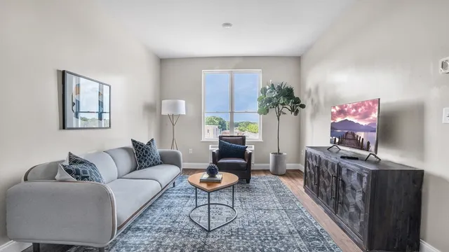 a living room with furniture a flat screen tv and a rug