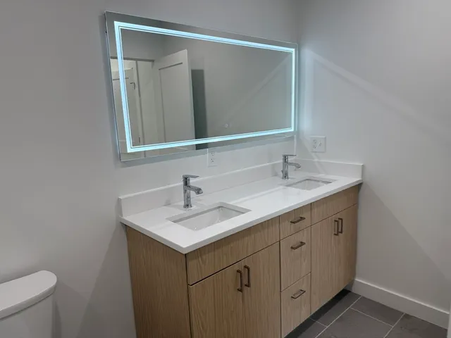 a bathroom with a sink a toilet and a mirror