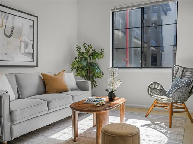 a living room with furniture and a potted plant