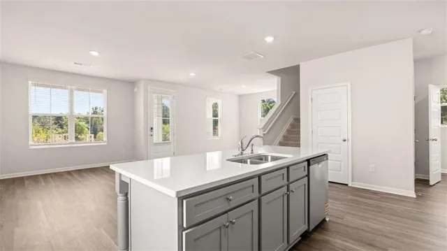 a kitchen with a sink cabinets and wooden floor