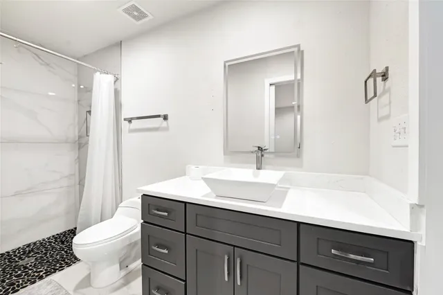 a bathroom with a sink a toilet a shower and a mirror