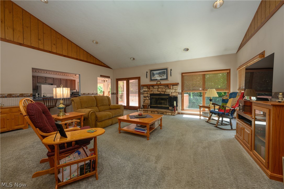 8745 Broadview Road Broadview Heights, OH 44147 - Photo 3 of 49 Spacious living area featuring a vaulted ceiling with wood paneling, a stone-surround fireplace, and light-colored carpeting