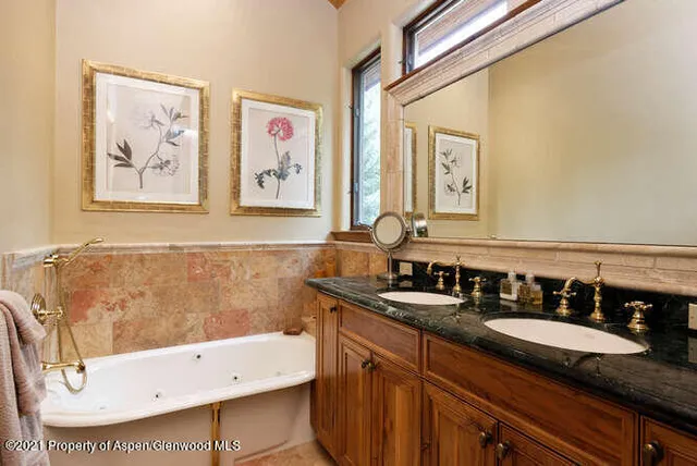 a bathroom with a tub sink and mirror