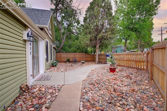 a view of a backyard with a tree