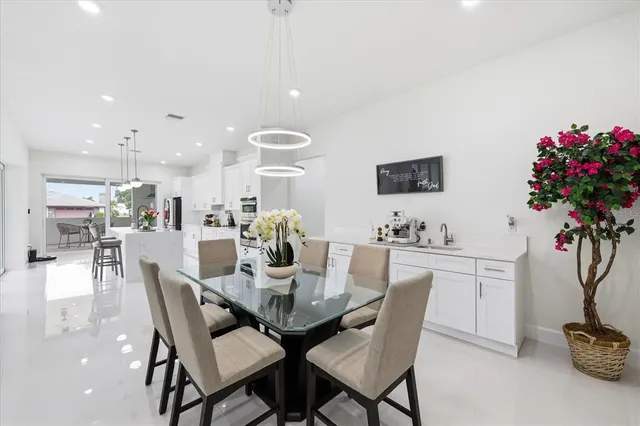 a view of a dining room with furniture