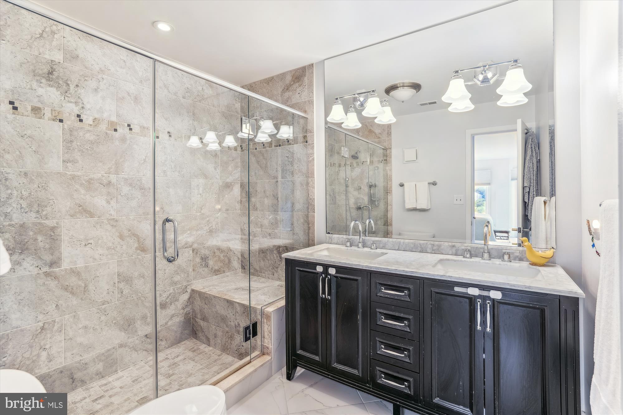 2108 Chesapeake Harbour Drive East, Unit 201 Annapolis, MD 21403 - Photo 26 of 82 a bathroom with a granite countertop sink a mirror and a shower
