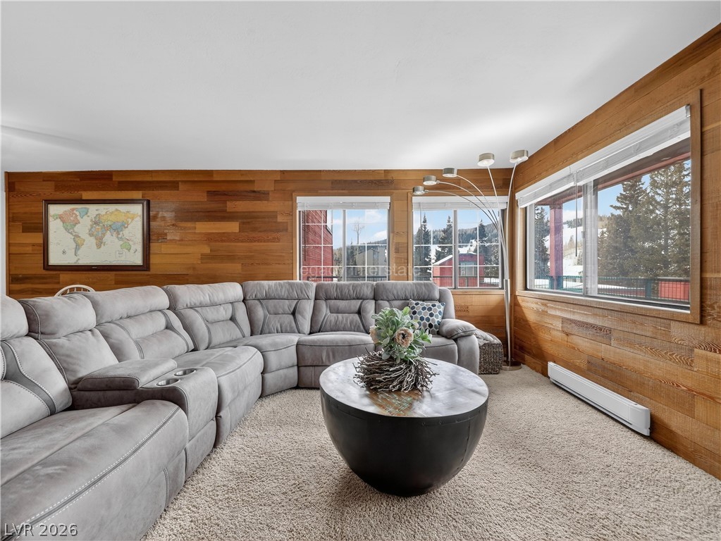 Rich wood paneling and natural light define this cozy mountain-view living space.