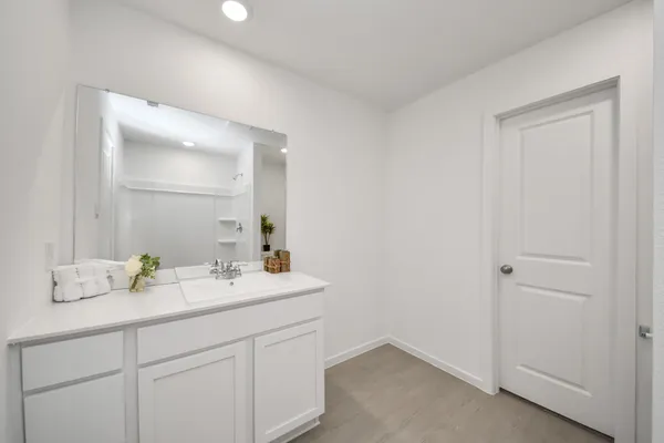 a bathroom with a sink and a mirror